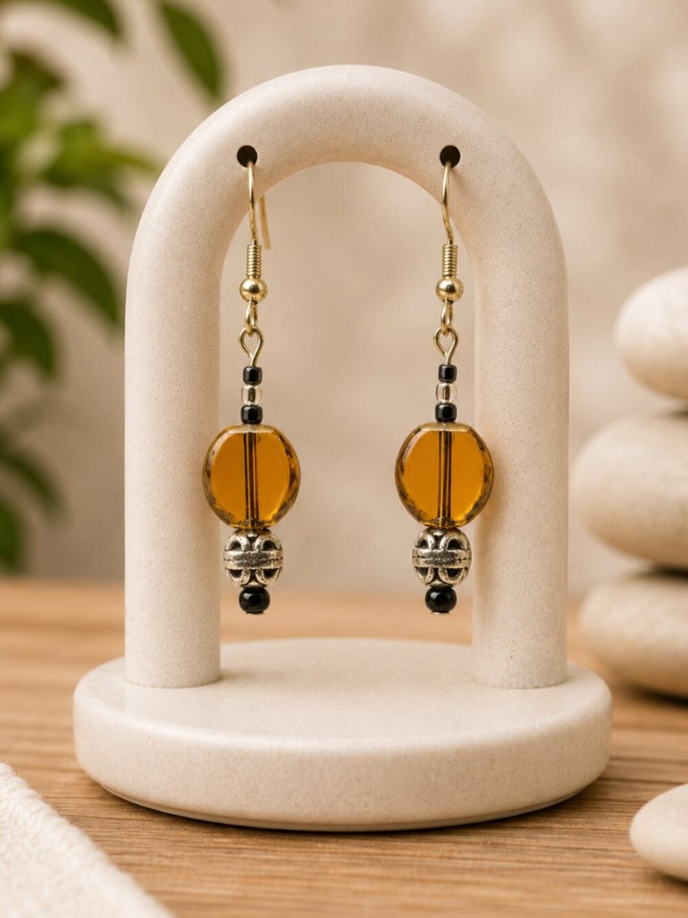 Amber Glass Bead Drop Earrings Gold Black | Handmade